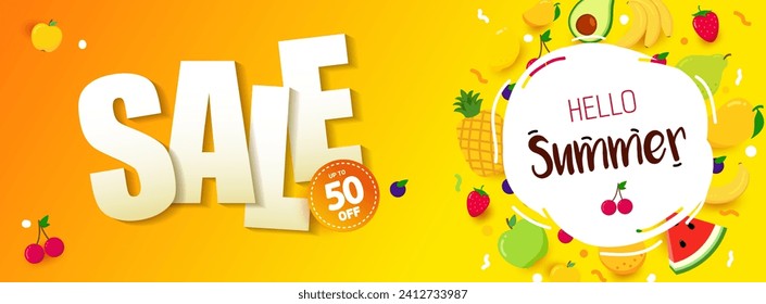 Bright summer sale banner with pieces of ripe fruit, bright yellow design. Vector illustration template. Concept promotion. Discount Offer.  Place for text. Vector illustration