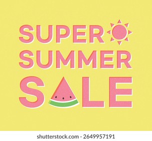 Bright summer sale banner with playful typography, sun and watermelon icons, on vibrant yellow for seasonal promotions and retail discounts.