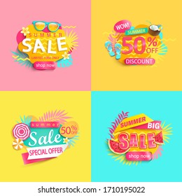 Bright summer sale banner, set of discount posters for hot season. Labels with tropical leaves,ice cream,watermelon, sunglasses.Invitation for shopping, special offer card, template for your design.