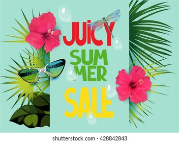 Bright summer sale banner with vacation design elements and drops of water. Vector illustration