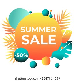 Banners de venda de verão brilhantes com folhas tropicais, formas geométricas e etiquetas de desconto. Design vetorial colorido com gradientes, perfeito para promoções, mídias sociais, anúncios e campanhas de compras
