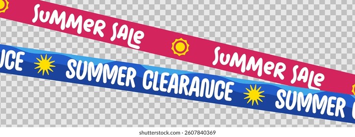 Bright Summer Sale and Clearance Tape with Bold White Text on Pink and Blue Backgrounds. Transparent PNG Style for Promotions, E-commerce, Packaging, and Marketing. Vector Illustration