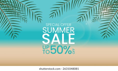 Bright summer sale design with palm leaves and beach background ideal for seasonal promotions and discounts
