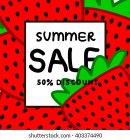Bright summer sale design. Vector background with strawberry.