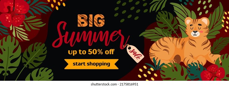 Bright summer sale horizontal banner. Tiger, tropical leaves and flowers. In red-green colors on a dark background. For advertising banner, website, sale flyer.