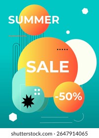 Cartaz de venda de verão brilhante com formas geométricas abstratas, círculos gradientes laranja, etiqueta de desconto e fundo turquesa. Design moderno para promoções, anúncios, banners e mídias sociais.