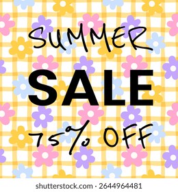 Bright summer sale vector with 75 OFF text and flower. Perfect for seasonal promotions, banners, and retail ads.