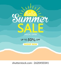 Bright summer sale vector banner with layered ocean waves, bold text, and sandy beach. Perfect for seasonal promotions and online marketing