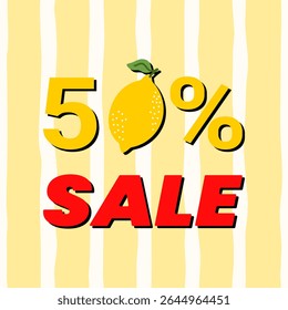 Heller Sommer-Vektor mit fett 50 OFF Text und frischer Zitrone. Ideal für saisonale Werbeaktionen, Banner und Einzelhandelsanzeigen.