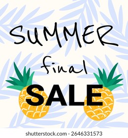 Bright summer sale vector illustration with palm trees, pineapple, and bold discount text. Perfect for beach-themed promotions, shop banners, and seasonal marketing.