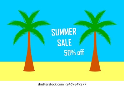 Bright summer sales banner with the inscription - "Summer sale. 50% off", against the backdrop of a beach with palm trees