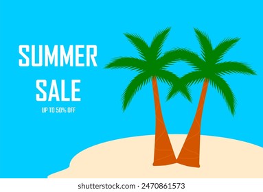 Bright summer sales banner. Tropical island with palm trees and the inscription - Summer Sale. Up to 50% off.