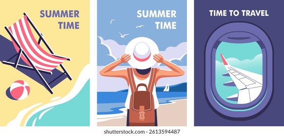 Bright summer scenes showcase relaxation by the beach, a traveler with a hat looking at the ocean, and an airplane wing with clouds. Vector illustration for posters, cover art, flyer.