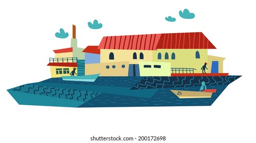 Bright Summer Sea Town and Boats. Vector Illustration