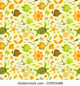 Bright summer seamless abstract pattern with inhabitants of underwater world colored icons on sandy background flat vector Illustration