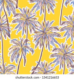 Bright Summer seamless colorful palm trees pattern on vivid yellow background. Landscape pattern,vector hand drawn style design for fashion,fabric,web,wallpaper and all pirnts 