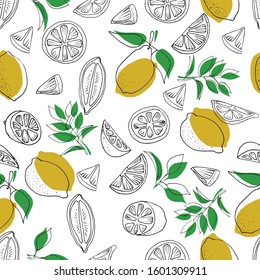 Bright summer seamless doodle pattern with cute limes sketch. Hand drawn trendy background. design background greeting cards, invitations, fabric, textiles, packaging and wallpaper.