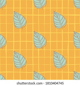 Bright summer seamless floral leaf pattern. Botanic blue contoured silhouettes on orange chequered background. Perfect for wallpaper, textile, wrapping paper, fabric print. Vector illustration.