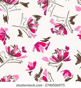 Bright summer seamless floral pattern with abstract botanical flowers and leaves. Artistic hand-drawn brushstroke style on white background. Modern vector print for fabric, textile, wallpaper