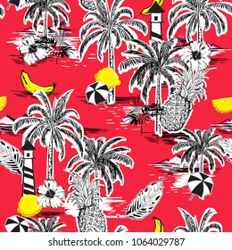 Bright summer seamless island pattern. Landscape with palm trees,fruit,hibiscus flower,banana,orange,beach and ocean vector hand drawn style on stylish red  background.