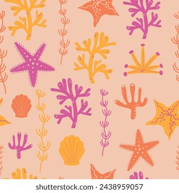 bright summer seamless pattern with algae, starfish, shells and corals vector illustration