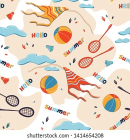 Bright summer seamless pattern with atmosphere of summer holidays. Vector design elements: kites, balls, rackets, shuttlecocks with effect cut out paper.  Hand Drawn Lettering Hello Summer. 