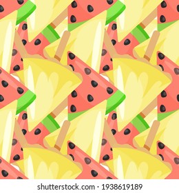 Bright summer seamless pattern. Background with tropical fruits. Fruit mix design for fabric and decor. Juicy tropical mix with pineapple and watermelon. Bright background with fruit popsicle