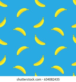 Bright summer seamless pattern with bananas on a blue background. Vector illustration.