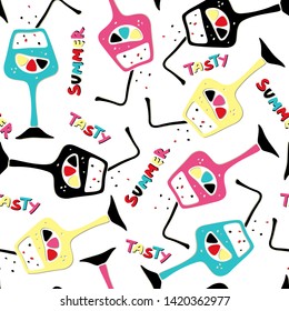 Bright summer seamless pattern with colorful glasses of citrus cocktail. Vector flat design elements with paper cut effect. Hand drawn lettering Tasty Summer. For summer banners, posters, textiles.