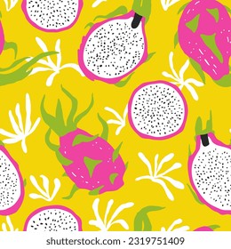 Bright summer seamless pattern with dragon fruits