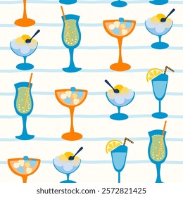 Bright summer seamless pattern, drink, cocktails, lemonade, ice cream. Cocktail party, celebration, vector illustration