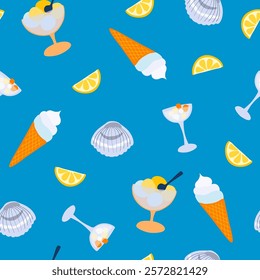 Bright summer seamless pattern, drink, cocktails, lemonade, ice cream. Cocktail party, celebration, vector illustration