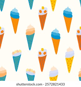 Bright summer seamless pattern, drink, cocktails, lemonade, ice cream. Cocktail party, celebration, vector illustration