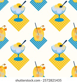 Bright summer seamless pattern, drink, cocktails, lemonade, ice cream. Cocktail party, celebration, vector illustration