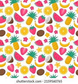 Bright summer seamless pattern with exotic, tropical fruits, berries and flowers. Coconut, pineapple, watermelon, strawberry. Vector illustrations in a flat cartoon style on a white background