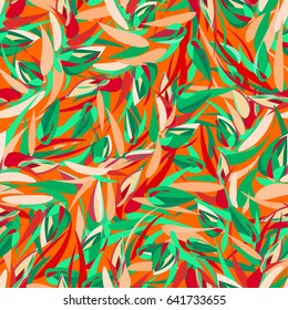 Bright summer seamless pattern with exotic floral motifs. Complicated texture of colorful leaves. Orange, red, green colors.