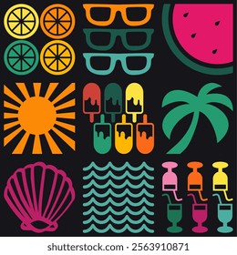 Bright summer seamless pattern featuring tropical elements with fruits, drinks, and sunny weather motifs