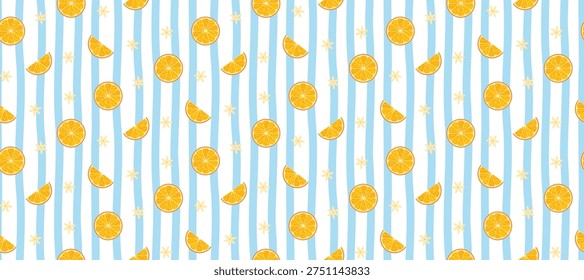 Bright summer seamless pattern featuring hand-drawn orange fruit slices and small white blossoms over light blue vertical stripes. Fresh citrus background perfect for Mediterranean style textiles, wallpaper, wrapping paper, kitchen decor, and summer apparel design.