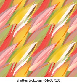 Bright summer seamless pattern with geometrical yellow, coral and green flower buds. Watercolor effect.