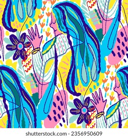 Bright summer seamless pattern with a girl and flowers. Vector illustration
