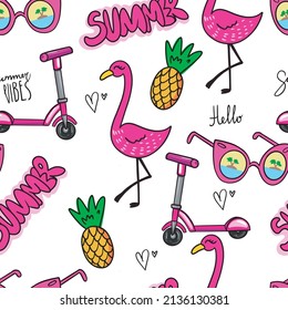 bright summer seamless pattern for girls. vector background with scooter, butterflies, flamingos, glasses. for children's clothing, wrapping paper, t-shirt prints, web
