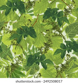 Bright summer seamless pattern with green lush leaves, foliage. Sunshine through dense vegetation. Floral background.