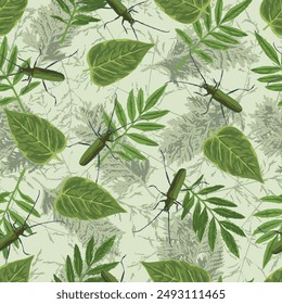 Bright summer seamless pattern with green leaves, foliage, cypress twigs, grass silhouette, crawling big green musk beetle. Floral botanical background.