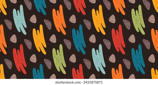 Bright Summer Seamless Pattern of Hand-Drawn Abstract Elements on Dark Background. Style of Children's Drawing. Continuous Symmetric Background with Colorful Scrawls.