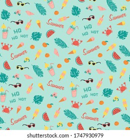 Bright summer seamless pattern with summer holiday attributes.