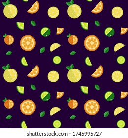 Bright summer seamless pattern with the image of citruses in a flat style: lemon, orange, lime and their leaves. Suitable for summer and vibrant illustrations.