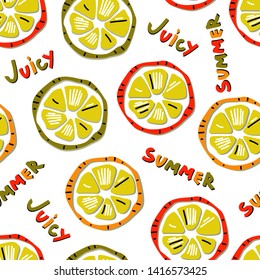 Bright summer seamless pattern with juicy citrus slices. Hand drawn lettering Juicy Summer. Design elements for banners, cards, textiles with papercut effect. Vector.