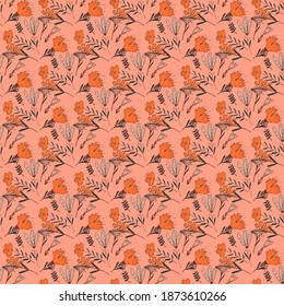 Bright summer seamless pattern with little red outline flowers ornament. Bouquet ornament on pink background. Stock illustration. Vector design for textile, fabric, giftwrap, wallpapers.