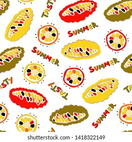 Bright summer seamless pattern with multi colored corns and slices of corns. Paper cut effect on a white background. Hand drawn lettering Tasty Summer. Vector design elements.