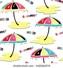 Bright summer seamless pattern with multicolored beach umbrellas. Vector flat design elements with paper cut effect. Hand drawn lettering Hello Summer. For summer banners, posters, textiles.